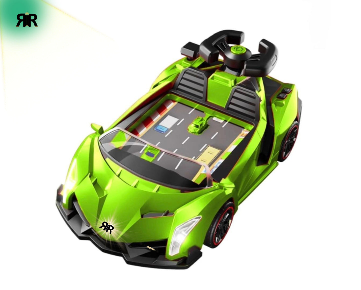 Jucarie Interactiva Masina Lamborghini by RIR@, Simulator de curse cu Lumini, 2–5 ani, cablu USB, verde