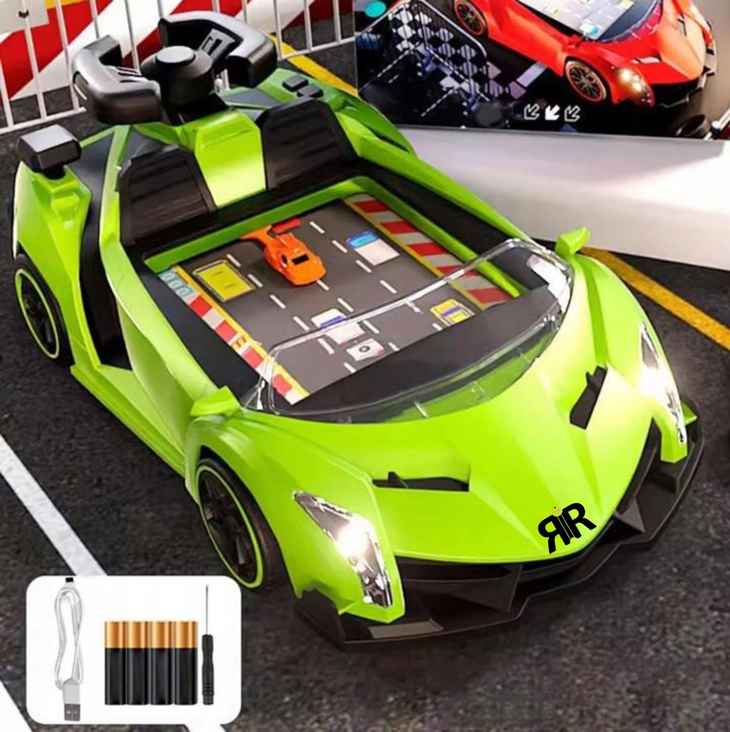 Jucarie Interactiva Masina Lamborghini by RIR@, Simulator de curse cu Lumini, 2–5 ani, cablu USB, verde