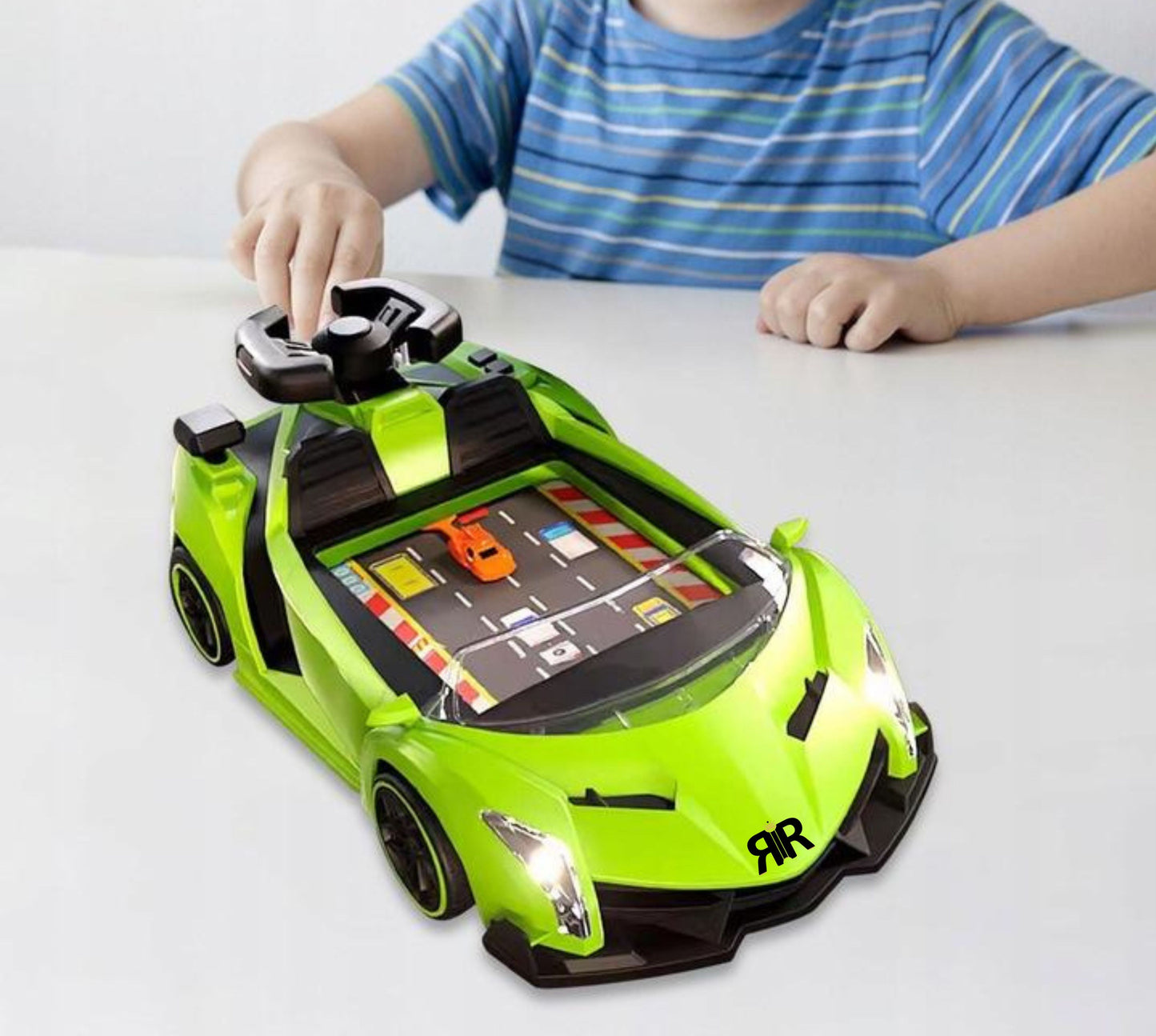 Jucarie Interactiva Masina Lamborghini by RIR@, Simulator de curse cu Lumini, 2–5 ani, cablu USB, verde
