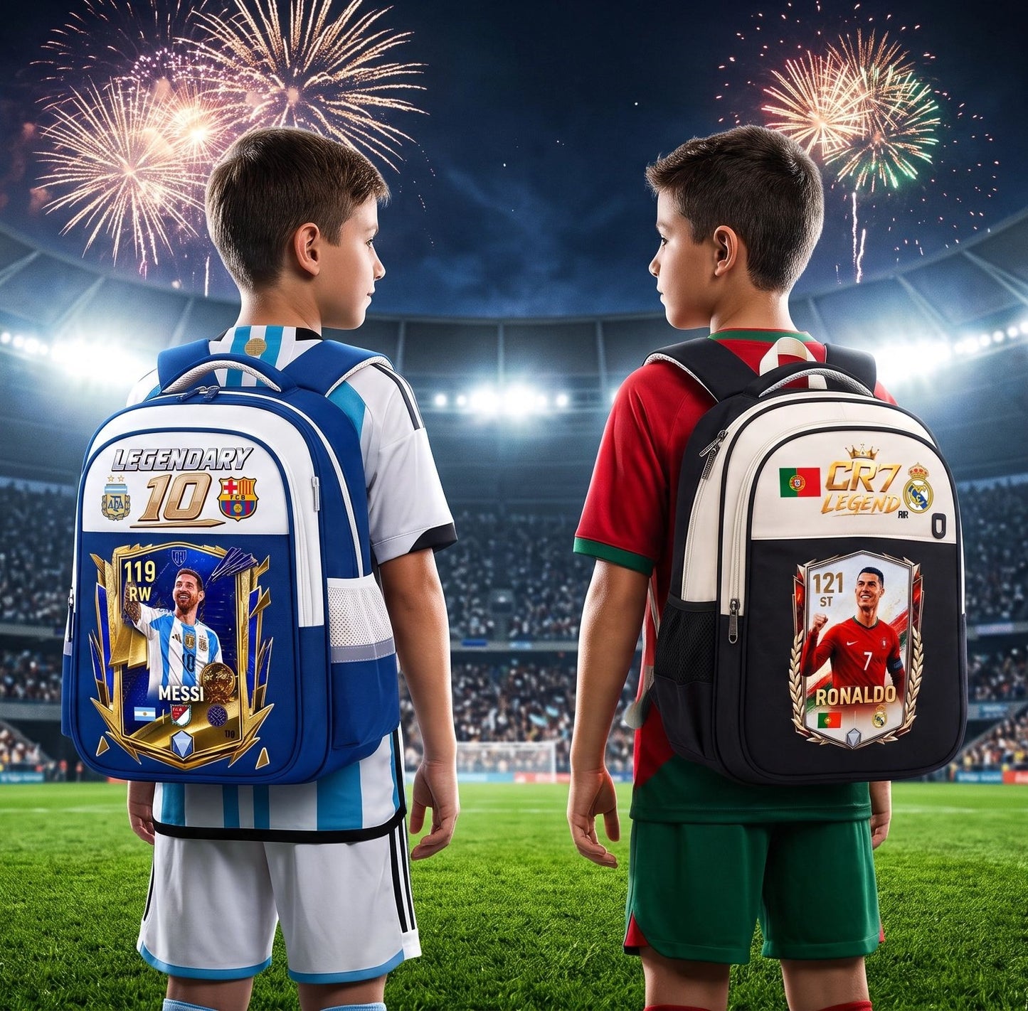 Ghiozdan Școlar Premium RirBob® Messi Legendary 10 Football, Ergonomic, Impermeabil, 3 Compartimente, Bretele Buretate, 42 x 32 x 18 cm, Albastru/Crem
