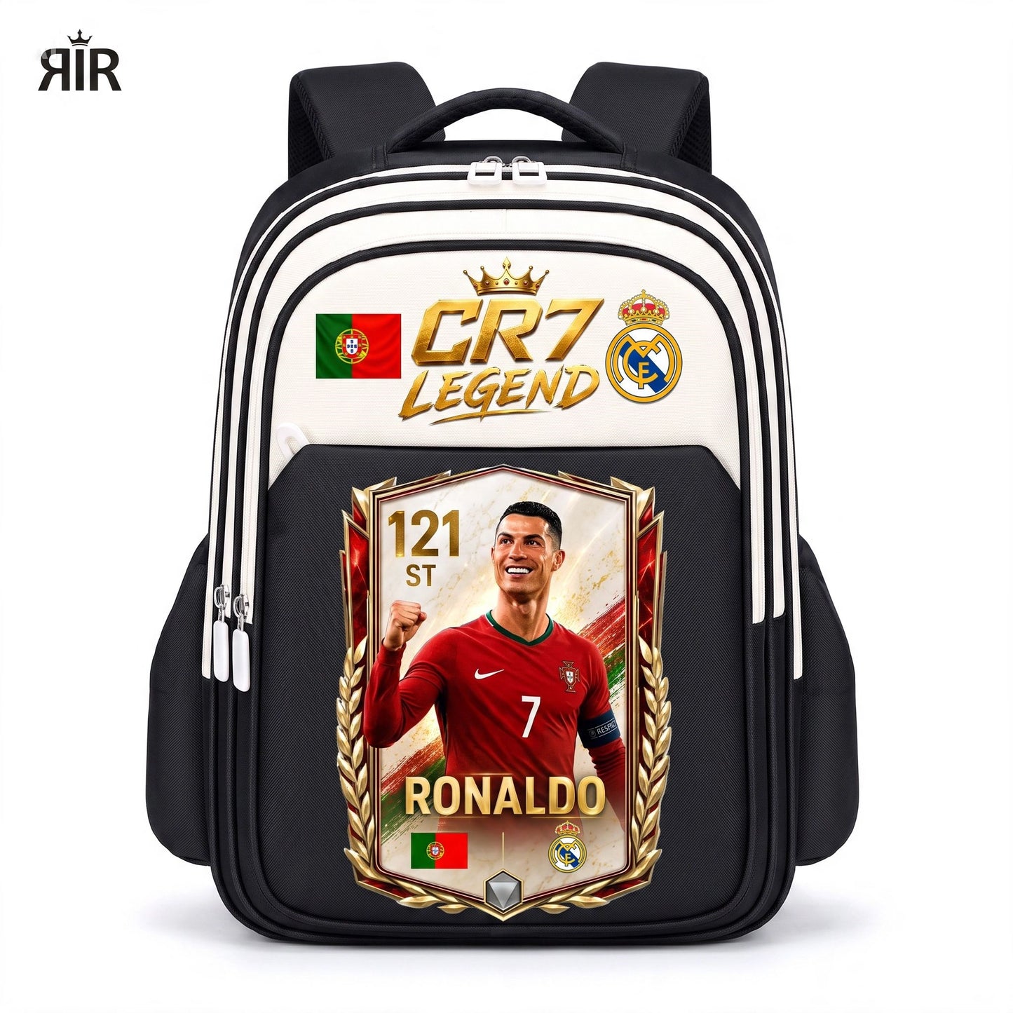 Ghiozdan Școlar Premium RirBob® CR7 Legend, Ergonomic, Impermeabil, 3 Compartimente, Bretele Buretate, 42 x 32 x 18 cm, Negru/Crem