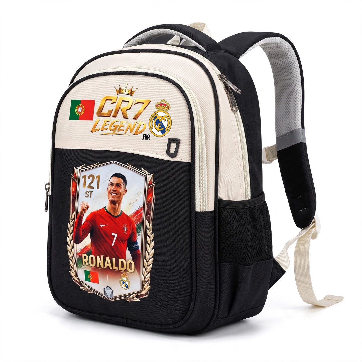 Ghiozdan Școlar Premium RirBob® CR7 Legend, Ergonomic, Impermeabil, 3 Compartimente, Bretele Buretate, 42 x 32 x 18 cm, Negru/Crem