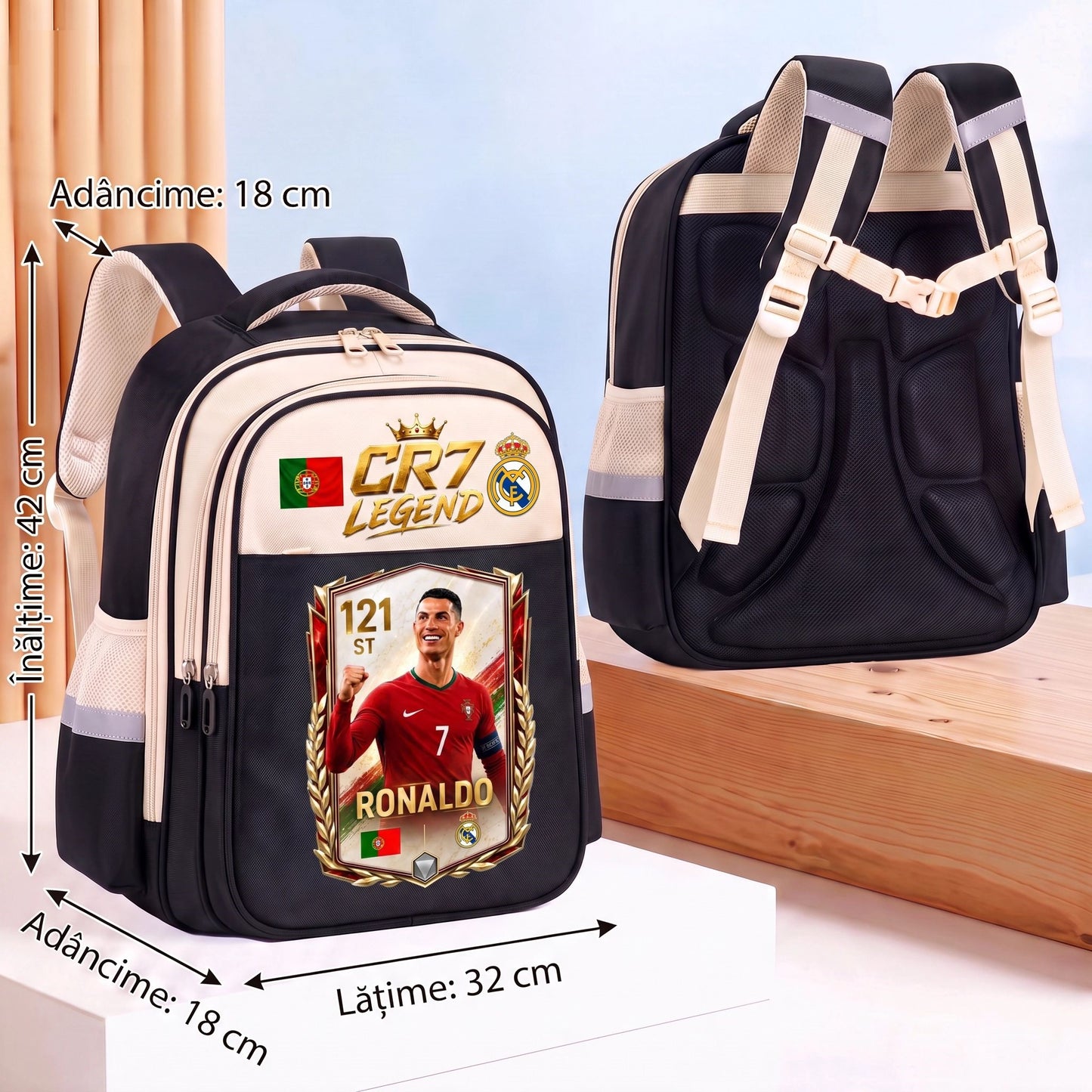 Ghiozdan Școlar Premium RirBob® CR7 Legend, Ergonomic, Impermeabil, 3 Compartimente, Bretele Buretate, 42 x 32 x 18 cm, Negru/Crem