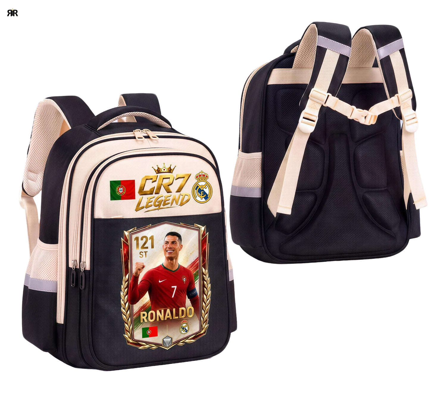 Ghiozdan Școlar Premium RirBob® CR7 Legend, Ergonomic, Impermeabil, 3 Compartimente, Bretele Buretate, 42 x 32 x 18 cm, Negru/Crem