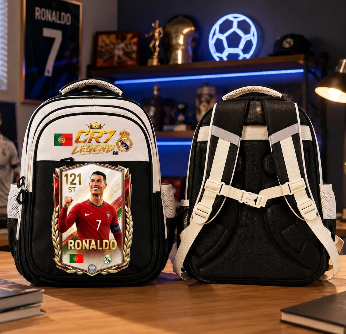 Ghiozdan Școlar Premium RirBob® CR7 Legend, Ergonomic, Impermeabil, 3 Compartimente, Bretele Buretate, 42 x 32 x 18 cm, Negru/Crem