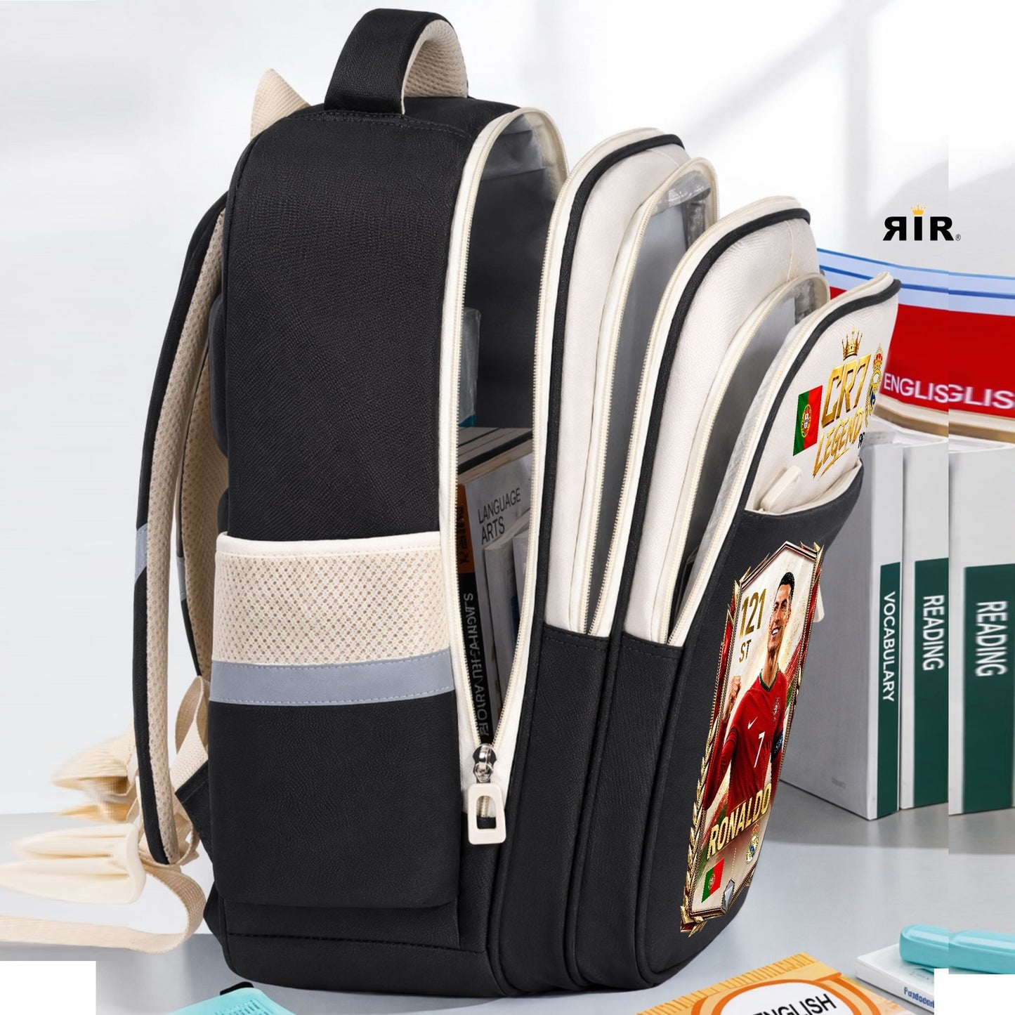 Ghiozdan Școlar Premium RirBob® CR7 Legend, Ergonomic, Impermeabil, 3 Compartimente, Bretele Buretate, 42 x 32 x 18 cm, Negru/Crem