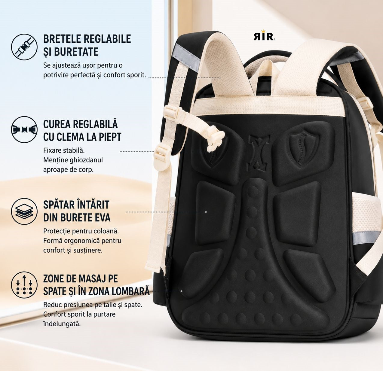 Ghiozdan Școlar Premium RirBob® CR7 Legend, Ergonomic, Impermeabil, 3 Compartimente, Bretele Buretate, 42 x 32 x 18 cm, Negru/Crem