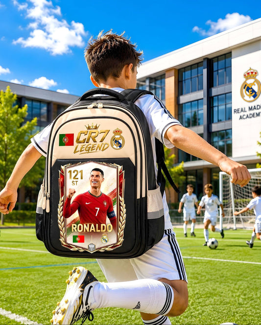 Ghiozdan Școlar Premium RirBob® CR7 Legend, Ergonomic, Impermeabil, 3 Compartimente, Bretele Buretate, 42 x 32 x 18 cm, Negru/Crem