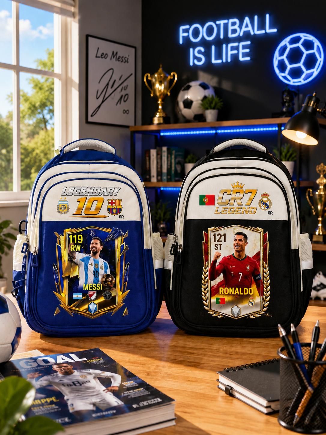 Ghiozdan Școlar Premium RirBob® Messi Legendary 10 Football, Ergonomic, Impermeabil, 3 Compartimente, Bretele Buretate, 42 x 32 x 18 cm, Albastru/Crem