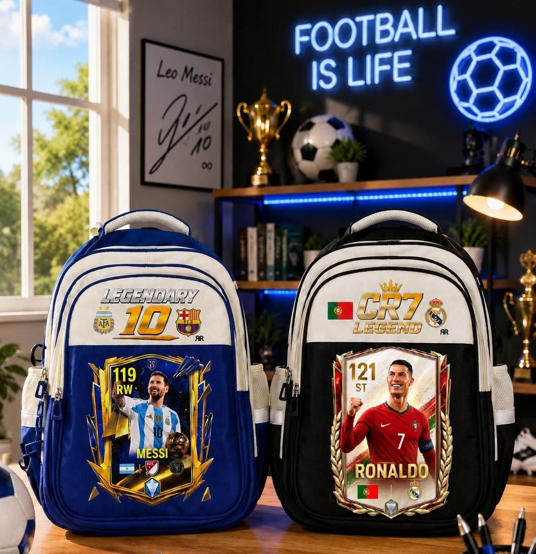 Ghiozdan Școlar Premium RirBob® CR7 Legend, Ergonomic, Impermeabil, 3 Compartimente, Bretele Buretate, 42 x 32 x 18 cm, Negru/Crem