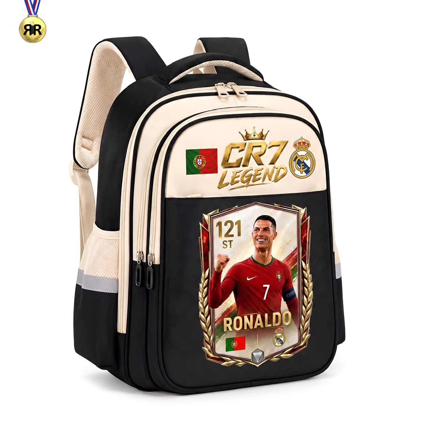 Ghiozdan Școlar Premium RirBob® CR7 Legend, Ergonomic, Impermeabil, 3 Compartimente, Bretele Buretate, 42 x 32 x 18 cm, Negru/Crem