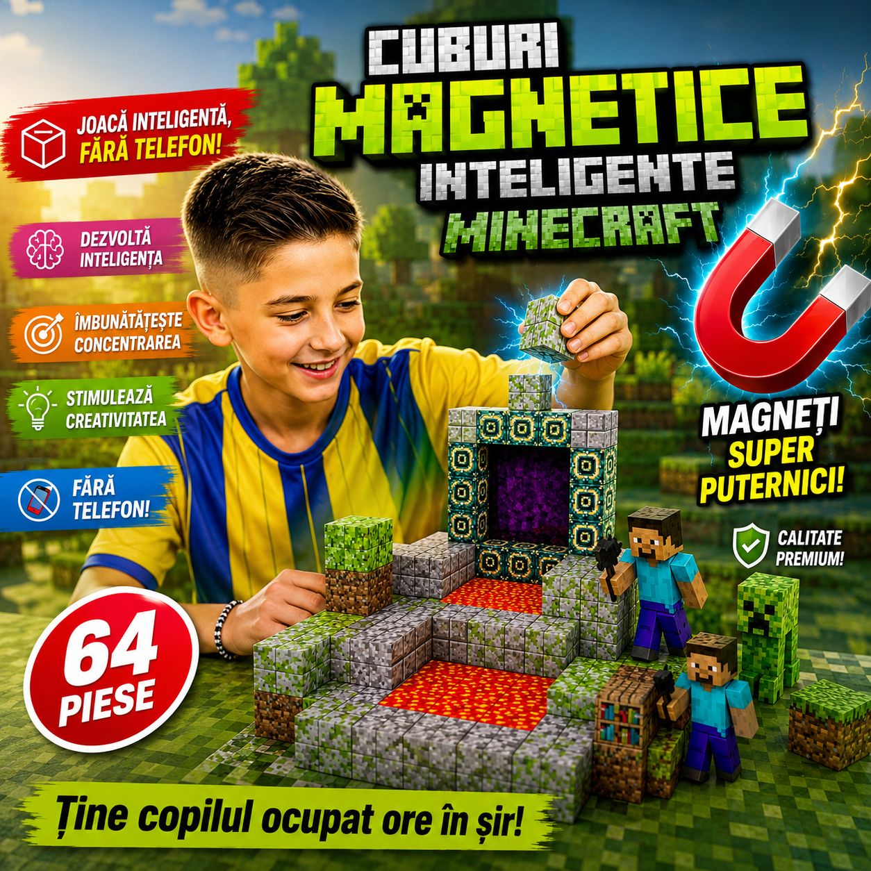 Set inteligent de constructie cu blocuri magnetice «RIR», Intra in lumea virtuala, 64 piese