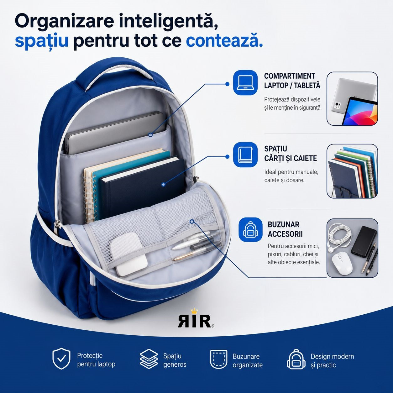 Ghiozdan Școlar Premium RirBob® Yamal Barcelona– Ergonomic, Impermeabil, 3 Compartimente, Bretele Buretate, 42 x 32 x 18 cm, Albastru/Crem