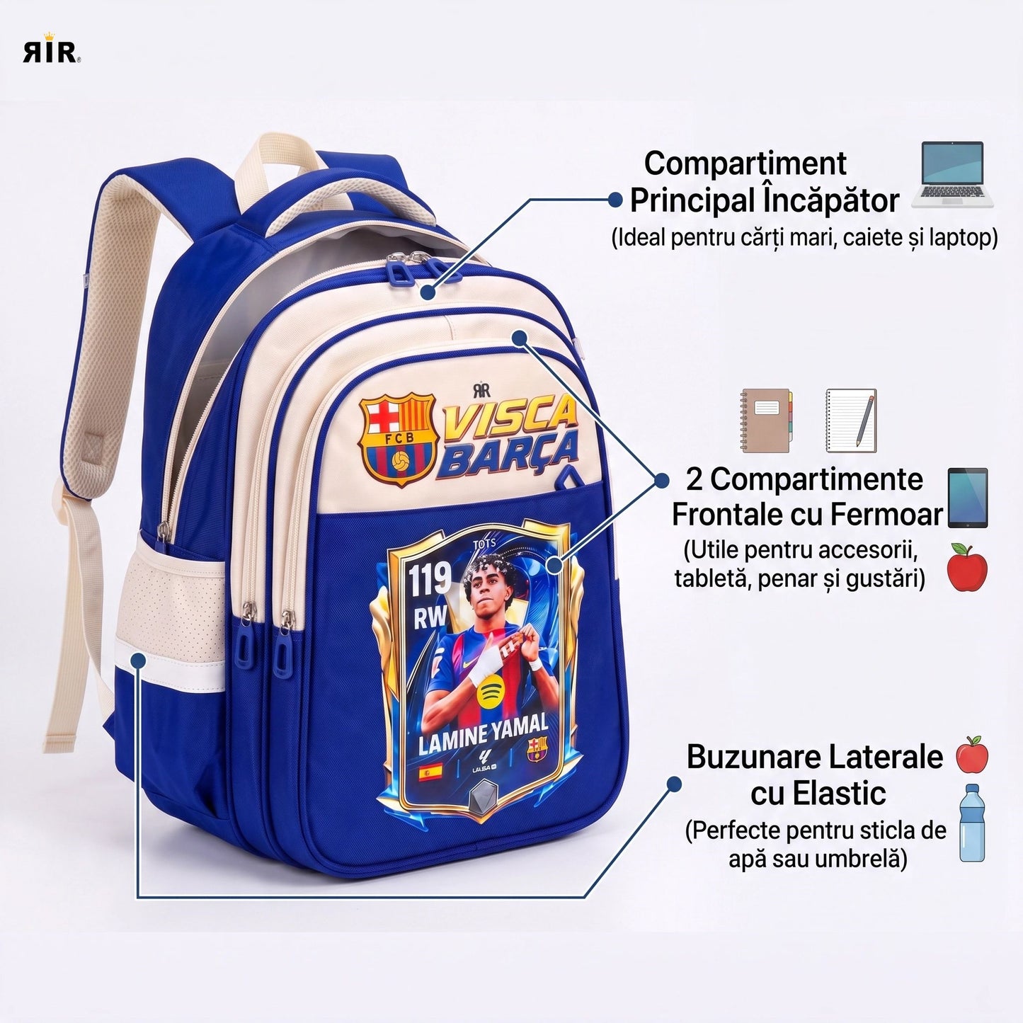 Ghiozdan Școlar Premium RirBob® Yamal Barcelona– Ergonomic, Impermeabil, 3 Compartimente, Bretele Buretate, 42 x 32 x 18 cm, Albastru/Crem