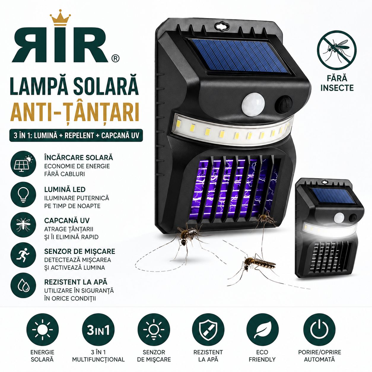 Lampă Solară Anti-Țânțari RirBob™, Electrosoc UV pentru Insecte, Încărcare Solară, Senzor de Mișcare, Lumină LED Exterior