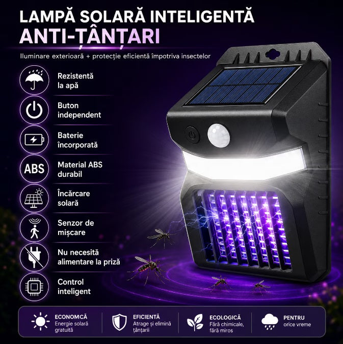 Lampă Solară Anti-Țânțari RirBob™, Electrosoc UV pentru Insecte, Încărcare Solară, Senzor de Mișcare, Lumină LED Exterior