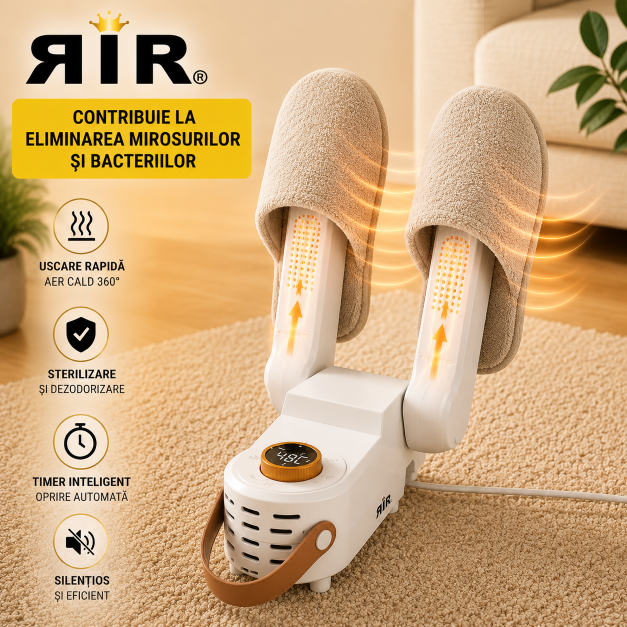 Uscător Electric pentru Pantofi RirBob™ cu Sterilizare și Eliminare Mirosuri, Aer Cald 360°, Timer Inteligent, 150W