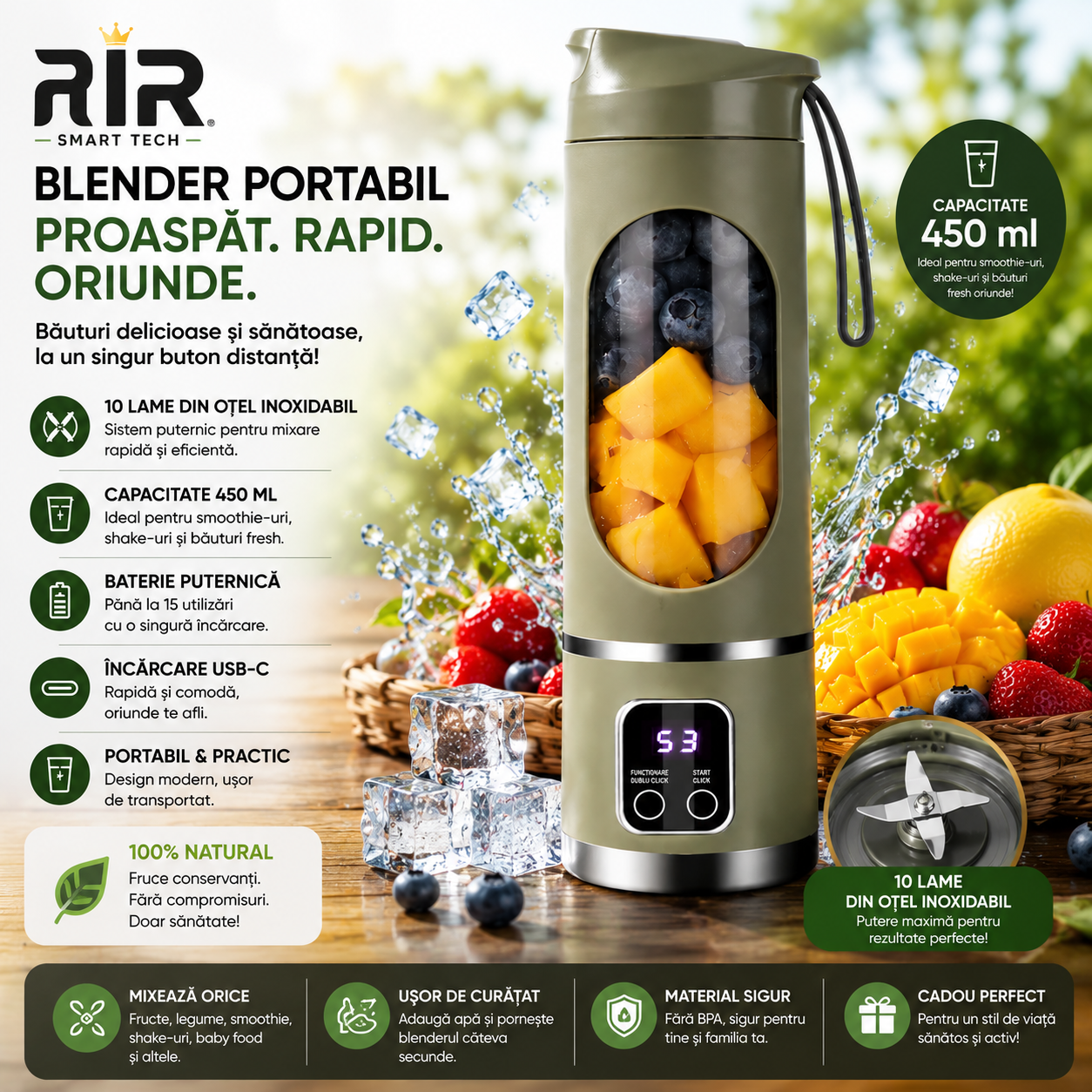 Blender Portabil RirBob™ – 10 Lame Inox, Electric, Reîncărcabil USB-C, 450ml, Fără BPA, pentru Smoothie-uri, Shake-uri și Sucuri Naturale