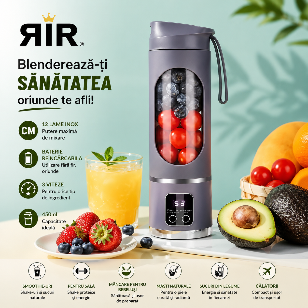 Blender Portabil RirBob™ – 10 Lame Inox, Electric, Reîncărcabil USB-C, 450ml, Fără BPA, pentru Smoothie-uri, Shake-uri și Sucuri Naturale