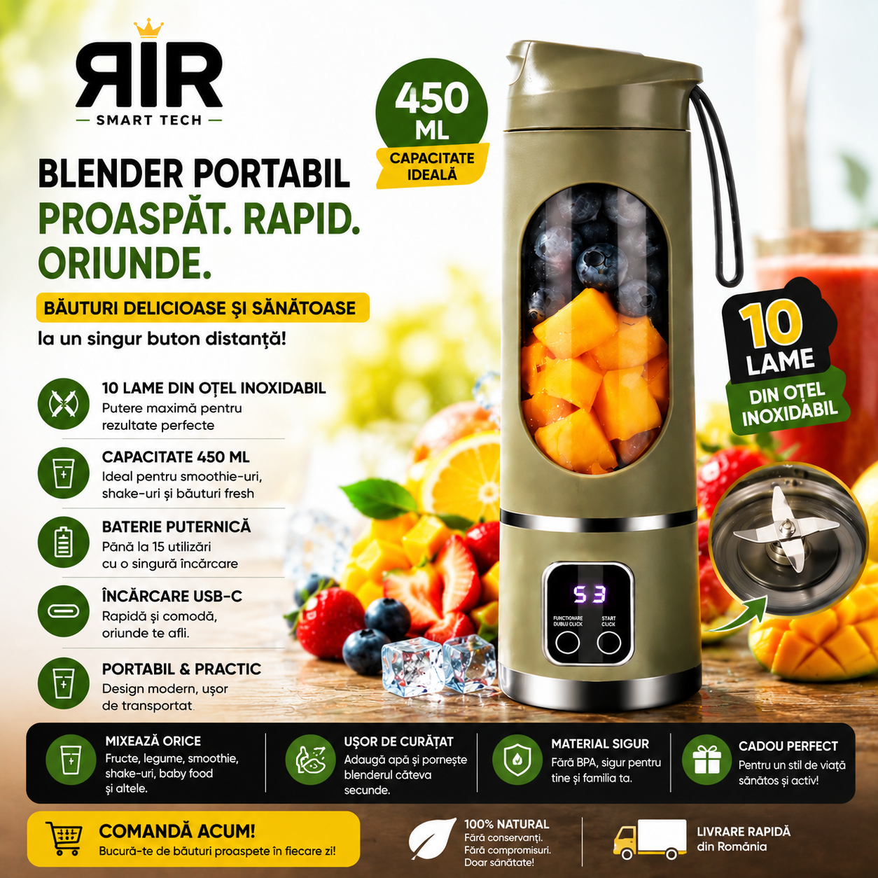 Blender Portabil RirBob™ – 10 Lame Inox, Electric, Reîncărcabil USB-C, 450ml, Fără BPA, pentru Smoothie-uri, Shake-uri și Sucuri Naturale