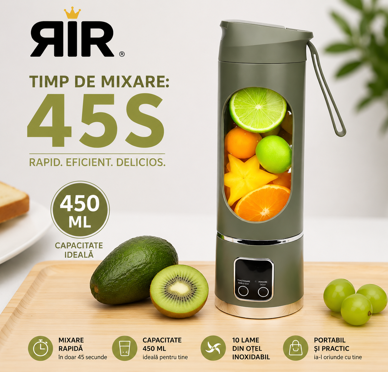 Blender Portabil RirBob™ – 10 Lame Inox, Electric, Reîncărcabil USB-C, 450ml, Fără BPA, pentru Smoothie-uri, Shake-uri și Sucuri Naturale