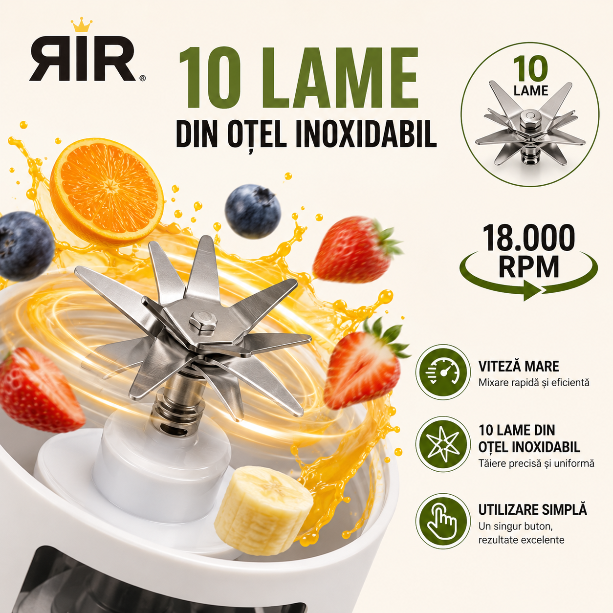 Blender Portabil RirBob™ – 10 Lame Inox, Electric, Reîncărcabil USB-C, 450ml, Fără BPA, pentru Smoothie-uri, Shake-uri și Sucuri Naturale