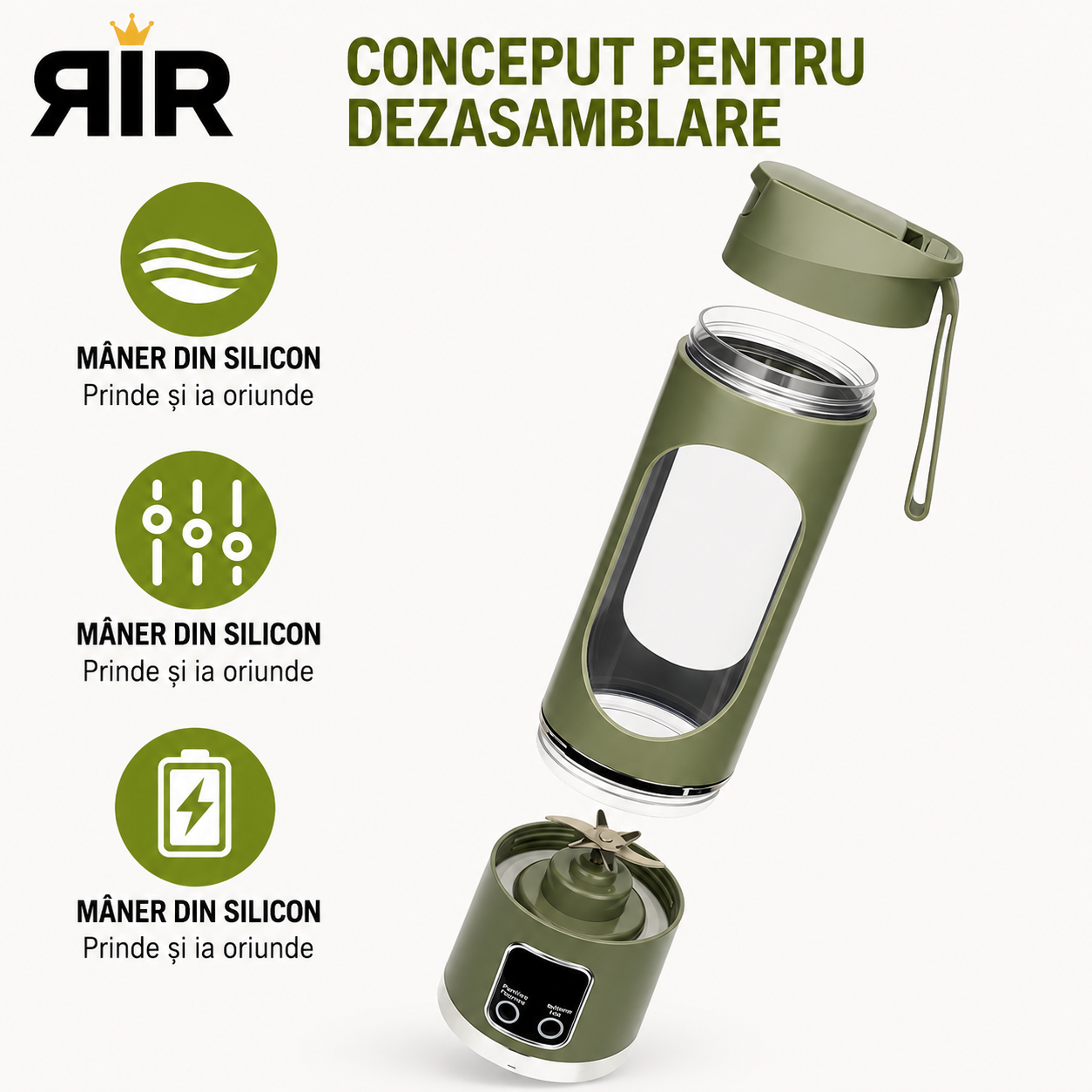 Blender Portabil RirBob™ – 10 Lame Inox, Electric, Reîncărcabil USB-C, 450ml, Fără BPA, pentru Smoothie-uri, Shake-uri și Sucuri Naturale