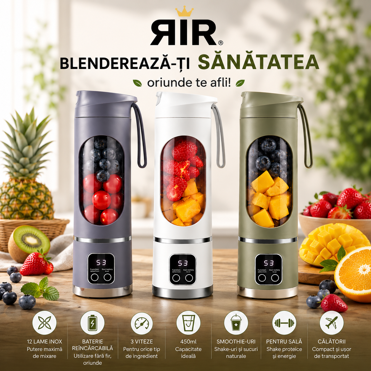 Blender Portabil RirBob™ – 10 Lame Inox, Electric, Reîncărcabil USB-C, 450ml, Fără BPA, pentru Smoothie-uri, Shake-uri și Sucuri Naturale