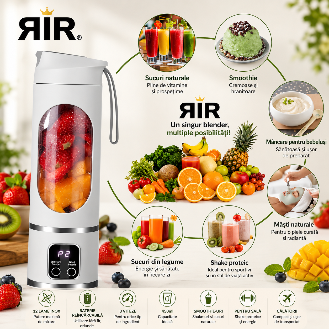 Blender Portabil RirBob™ – 10 Lame Inox, Electric, Reîncărcabil USB-C, 450ml, Fără BPA, pentru Smoothie-uri, Shake-uri și Sucuri Naturale