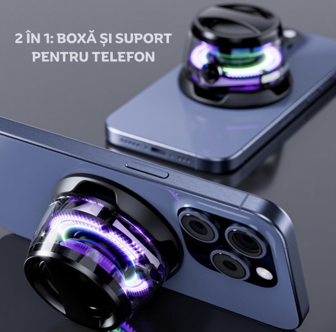 Boxa portabila mini Bluetooth G200 Razo, prindere MagSafe & inel magnetic, Suport telefon 2 in 1, lumini RGB, compatibila Apple/Android, Negru