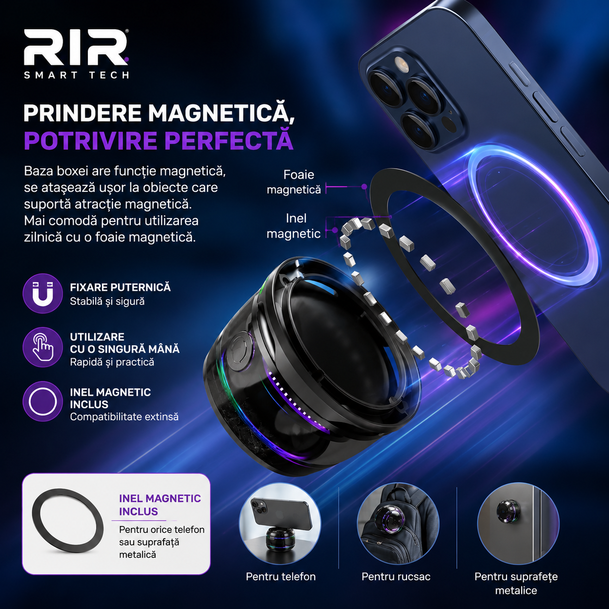 Boxa portabila mini Bluetooth G200 Razo, prindere MagSafe & inel magnetic, Suport telefon 2 in 1, lumini RGB, compatibila Apple/Android, Negru