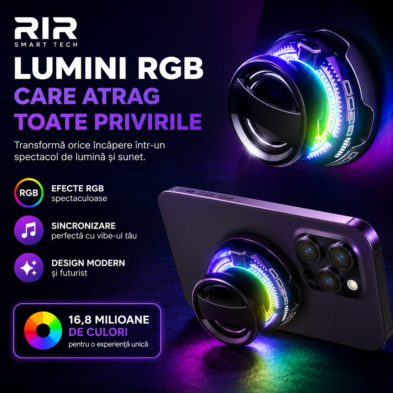 Boxa portabila mini Bluetooth G200 Razo, prindere MagSafe & inel magnetic, Suport telefon 2 in 1, lumini RGB, compatibila Apple/Android, Negru