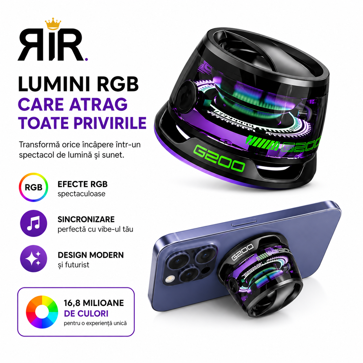 Boxa portabila mini Bluetooth G200 Razo, prindere MagSafe & inel magnetic, Suport telefon 2 in 1, lumini RGB, compatibila Apple/Android, Negru
