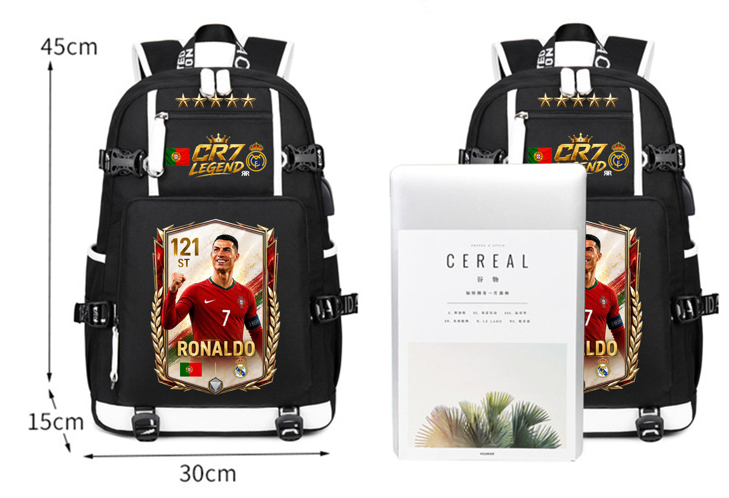 Ghiozdan Scoala si Antrenament RirBob® CR7 Ronaldo Legend, Port USB, Spate Ergonomic, Compartimente Multiple, 45x30x15 cm, Negru