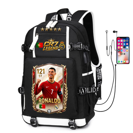 Ghiozdan Scoala si Antrenament RirBob® CR7 Ronaldo Legend, Port USB, Spate Ergonomic, Compartimente Multiple, 45x30x15 cm, Negru