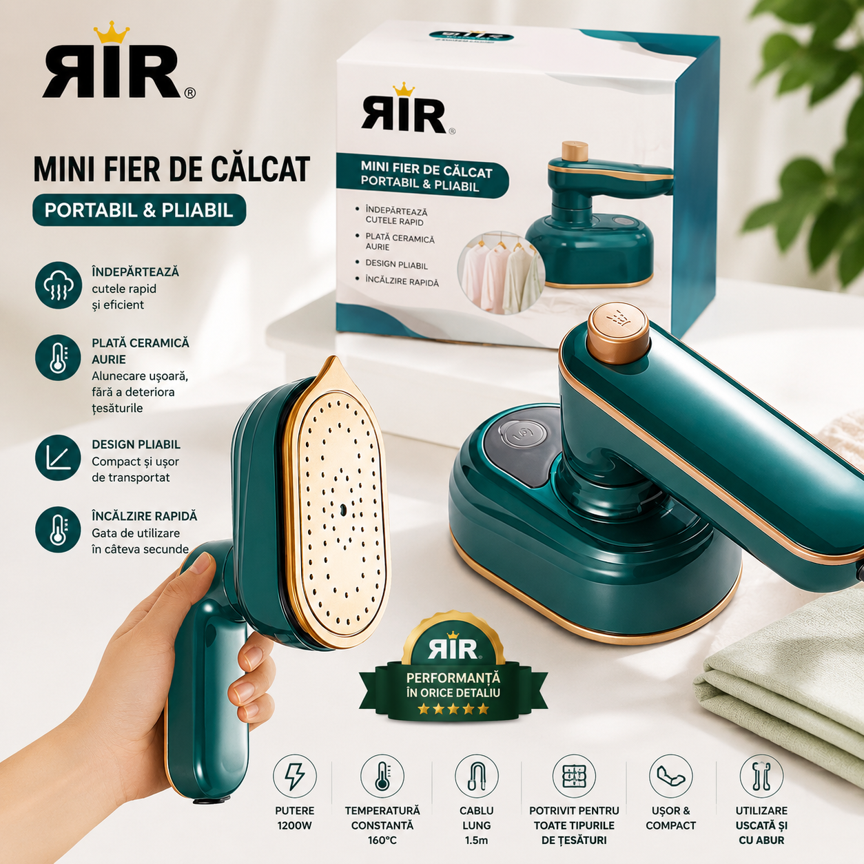 Fier de Călcat Mini cu Abur RirBob™ 16 cm– Pliabil, Portabil, Talpă Ceramică, Încălzire Rapidă