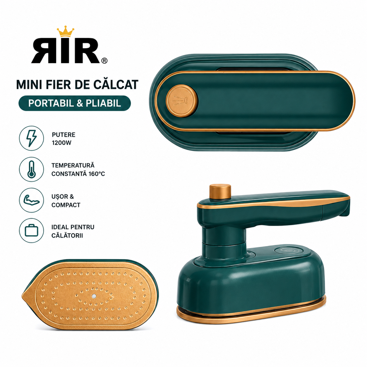Fier de Călcat Mini cu Abur RirBob™ 16 cm– Pliabil, Portabil, Talpă Ceramică, Încălzire Rapidă