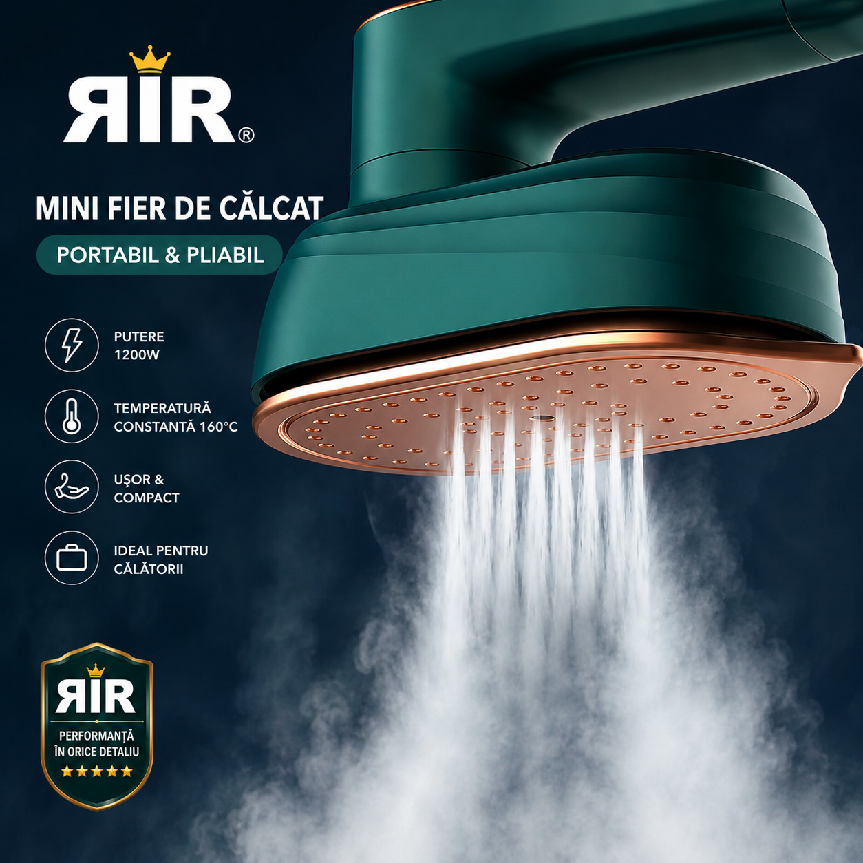 Fier de Călcat Mini cu Abur RirBob™ 16 cm– Pliabil, Portabil, Talpă Ceramică, Încălzire Rapidă