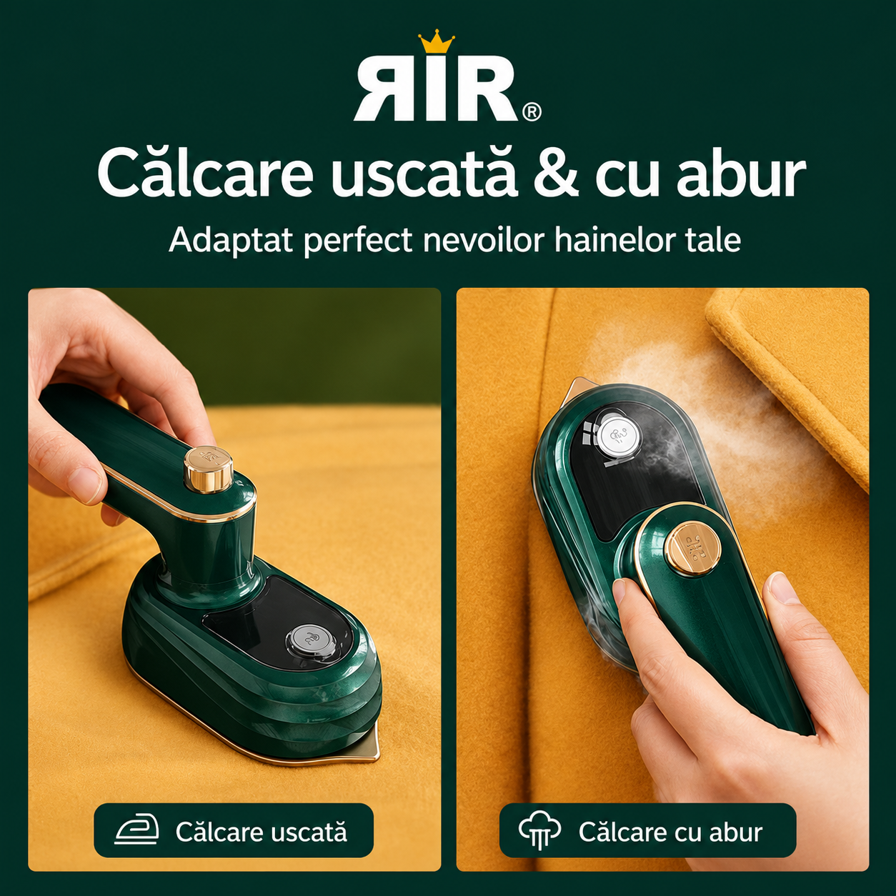 Fier de Călcat Mini cu Abur RirBob™ 16 cm– Pliabil, Portabil, Talpă Ceramică, Încălzire Rapidă