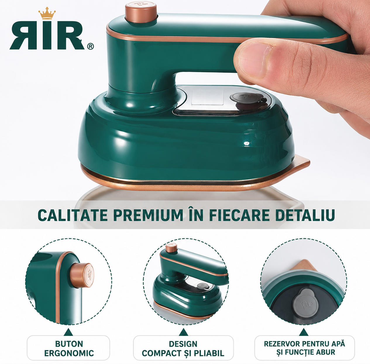 Fier de Călcat Mini cu Abur RirBob™ 16 cm– Pliabil, Portabil, Talpă Ceramică, Încălzire Rapidă