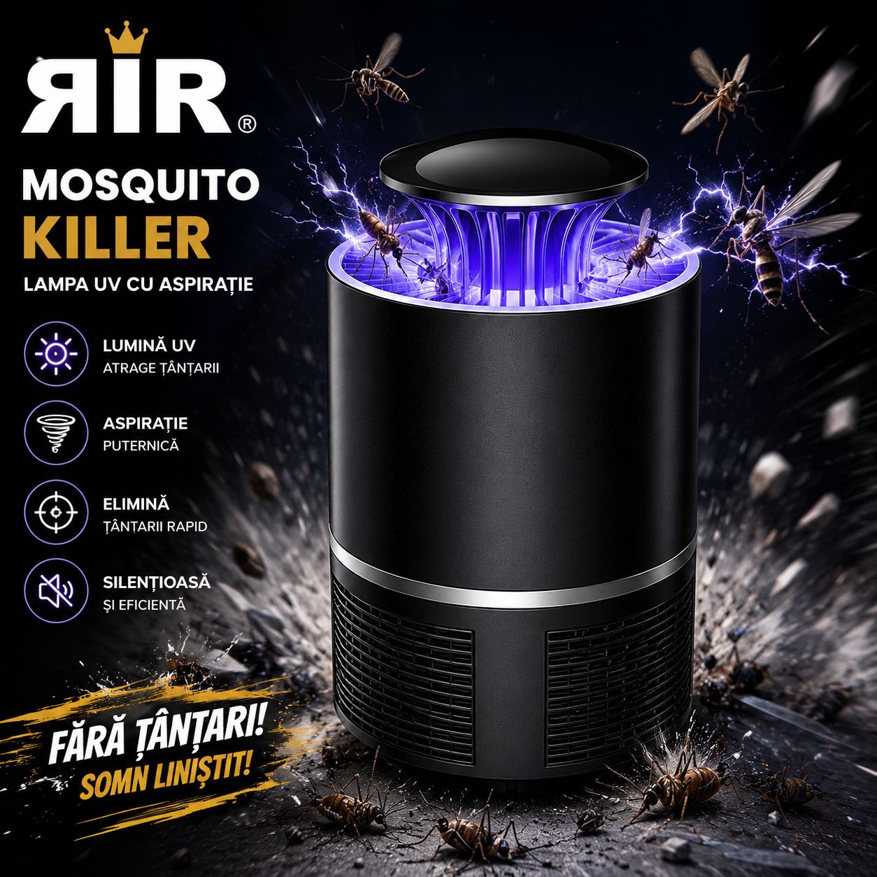 Lampă Anti-Țânțari RirBob™ cu UV și Ventilator de Aspirare, Alimentare USB, Protecție Eficientă împotriva Insectelor