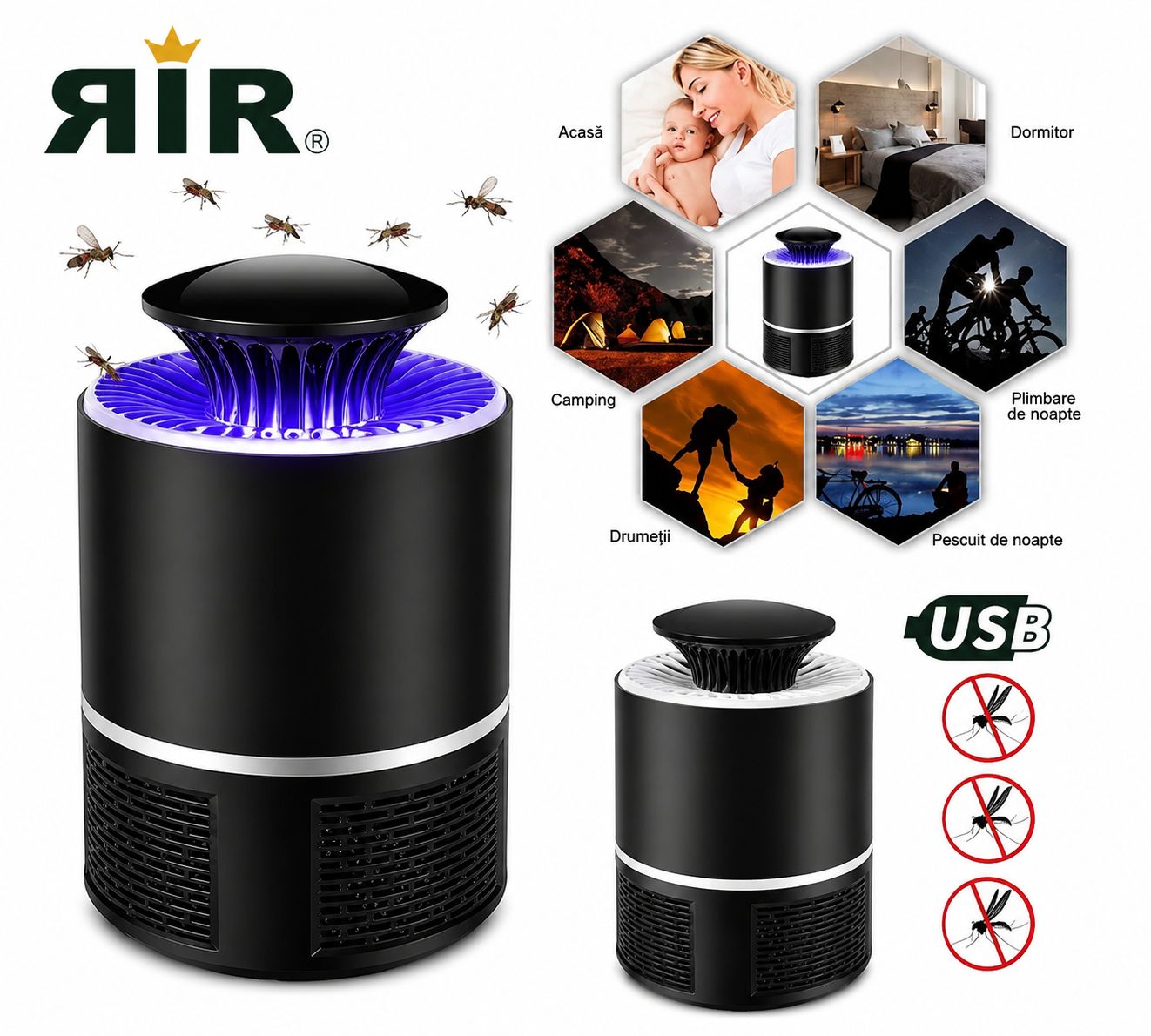 Lampă Anti-Țânțari RirBob™ cu UV și Ventilator de Aspirare, Alimentare USB, Protecție Eficientă împotriva Insectelor