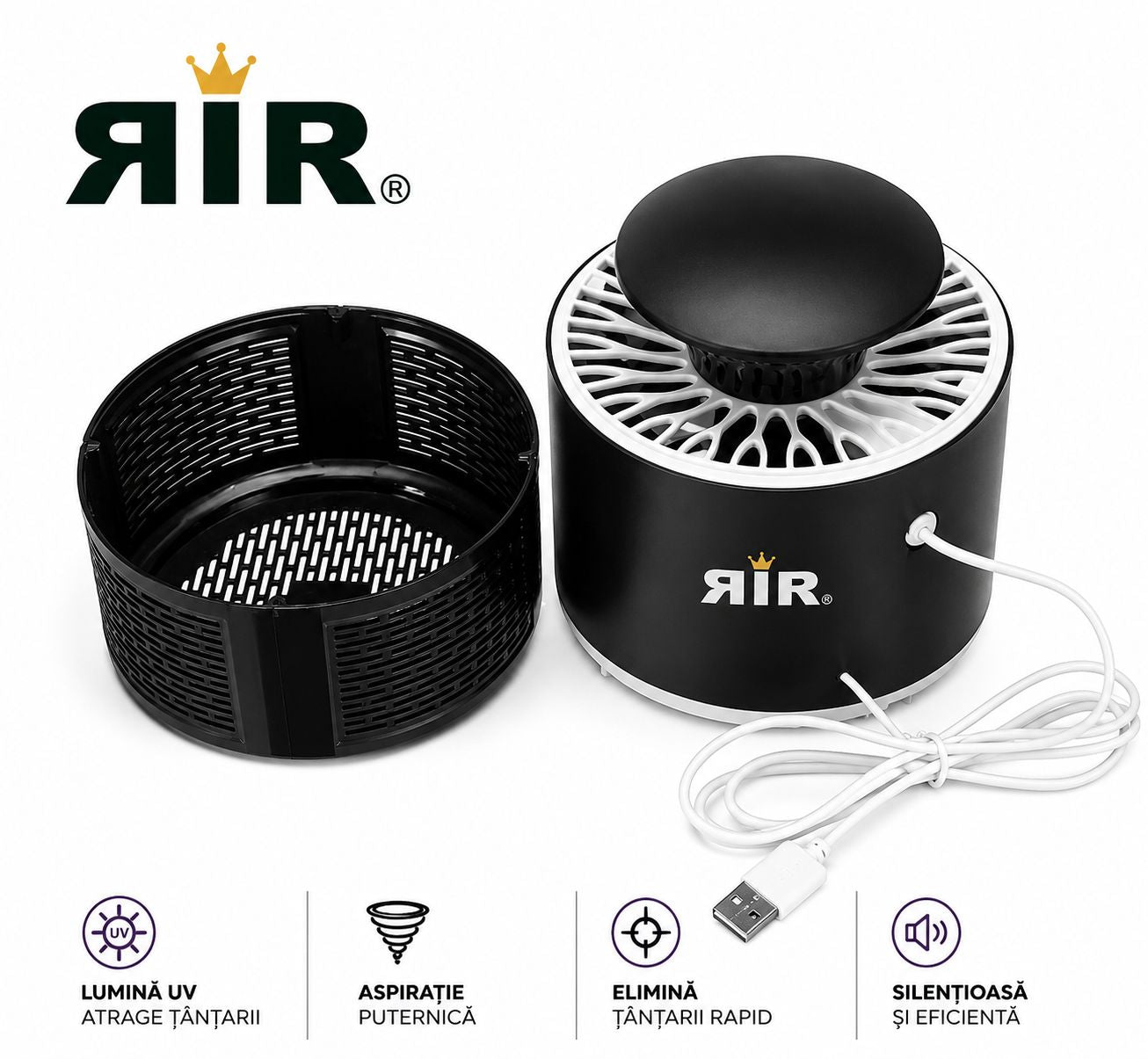 Lampă Anti-Țânțari RirBob™ cu UV și Ventilator de Aspirare, Alimentare USB, Protecție Eficientă împotriva Insectelor
