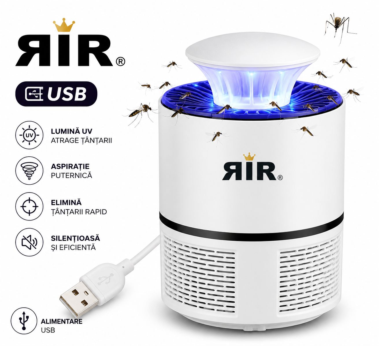 Lampă Anti-Țânțari RirBob™ cu UV și Ventilator de Aspirare, Alimentare USB, Protecție Eficientă împotriva Insectelor