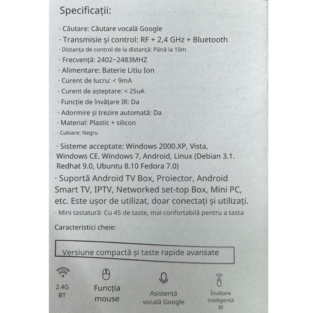 Telecomanda, Air Mouse Wireless RIR X9 cu Tastatură QWERTY pe Spate, Control Cursor Tip Mouse, Bluetooth + 2.4GHz USB, Compatibil Android TV, Smart TV, PC, Laptop