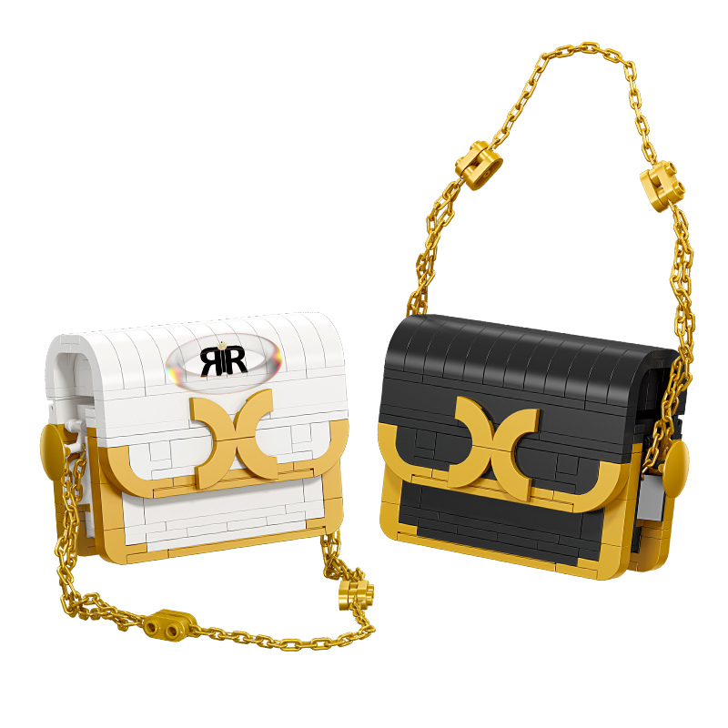 Set blocuri de constructie RIR®, Poseta Fashion alba cu accesorii aurii, 196 piese