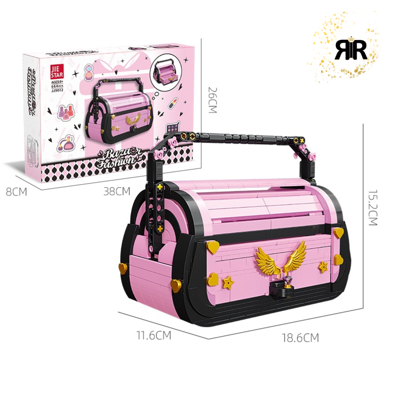 Set blocuri de constructie RIR®, Poseta Fashion Roz, cu accesorii aurii, 664 piese
