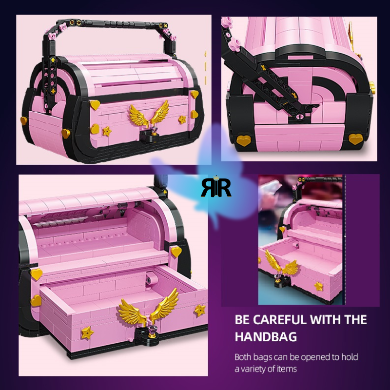 Set blocuri de constructie RIR®, Poseta Fashion Roz, cu accesorii aurii, 664 piese