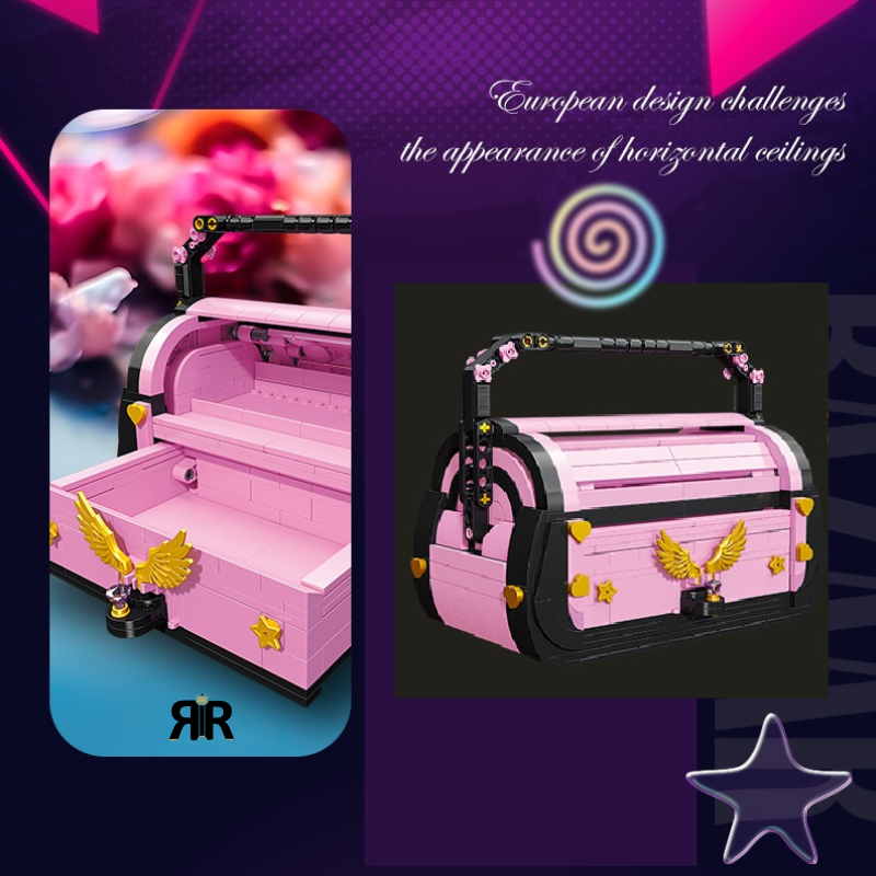 Set blocuri de constructie RIR®, Poseta Fashion Roz, cu accesorii aurii, 664 piese