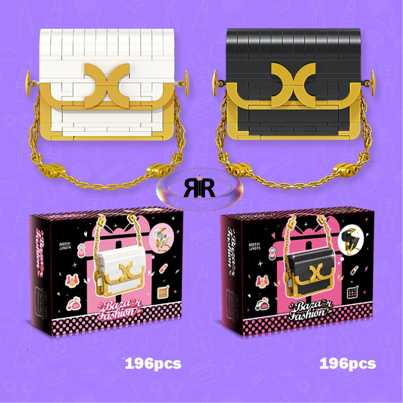 Set blocuri de constructie RIR®, Poseta Fashion alba cu accesorii aurii, 196 piese